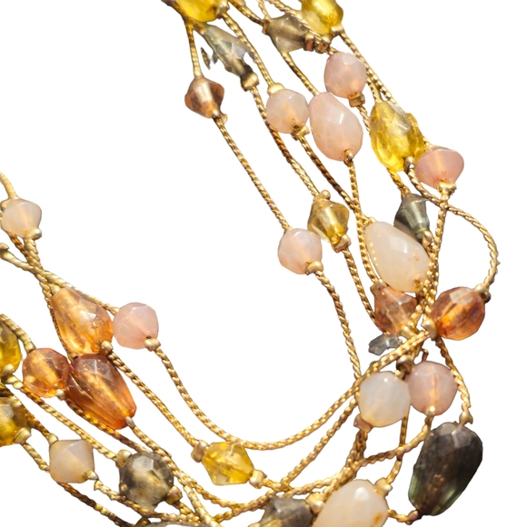 Multi Strand Gold Tone Chain Necklace With Glass and Stone Beads - Picture 2 of 4